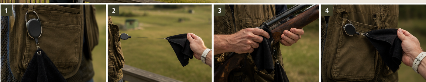 Four-step Range Standard Quick-Draw Towel sequence showing clip, pull, wipe, and release
