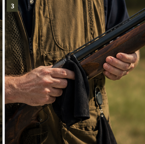 Shooter using the Range Standard Quick-Draw Towel to wipe a shotgun foregrip